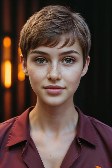 portrait of skswoman, jealous , wearing workwear , with Pixie cut , background camp epic (photo, studio lighting, hard light, sony a7, 50 mm, matte skin, pores, colors, hyperdetailed, hyperrealistic), <lyco:Olivia Casta:1.1>