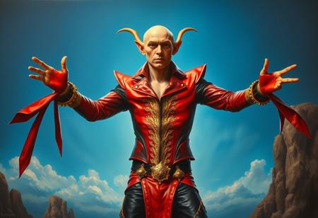 A surreal oil painting in the Raphael Style, infused with a touch of Houdini Style, depicting a Goblin Biker Dugg Charger. The individual is positioned in a dramatic, almost theatrical pose with outstretched arms, as if mid-performance. Their red and black leather ensemble, featuring a meticulously detailed, gold-accented corset and ornate gauntlets, glows with stunning colors. The blue backdrop, subtly adorned with the words ".", blends seamlessly into a dreamlike landscape, creating a Contemporary Aesthetic. The painting exhibits exceptional quality with super detailed face, eyes, and clothes, showcasing handcrafted precision and a powerful message. The impeccable composition, creative angle, and balanced editing are all guided by the Golden Ratio, creating a scene of vivid emotions and joyful impact, suggestive of a fantastical promotional event.