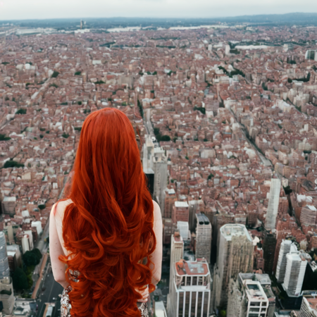 a woman with long red hair standing in front of a city in