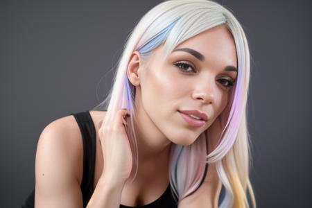 a portrait of DEN_Octokuro in front of a [plain black background] wearing a black tank top, collarbone, [headshot], [centre frame], looking at the camera, facing the camera,
[gentle smile closed mouth], dynamic lighting, mole above her lip on the right,
photorealistic, high detail, detailed, masterpiece, 8k, highres, flawless, colour, professional