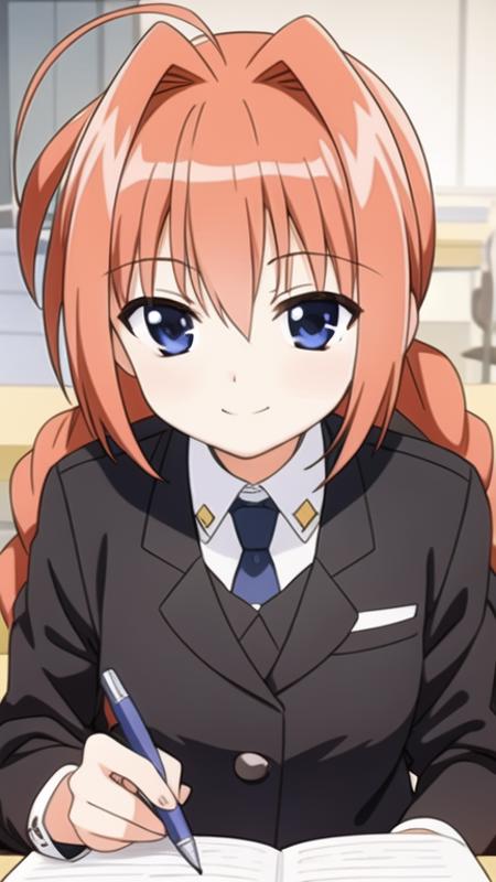 vita, 1girl, ahoge, smile,
close-up, writing, 
office, office chair,
<lora:nanoha-strikers-vita:0.8>