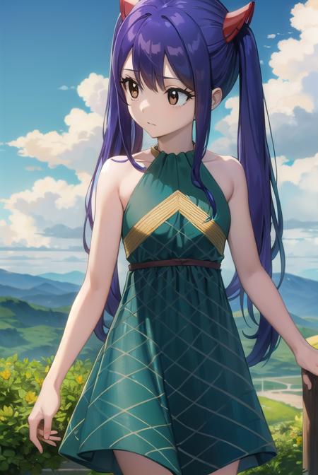 wendymarvell, <lora:wendy marvell-lora-nochekaiser:1>,
wendy marvell, long hair, (brown eyes:1.5), (blue hair:1.5), hair between eyes, twintails, red hair ornament,
BREAK dress, sandals, (green dress:1.5), bare shoulders, armband,
BREAK outdoors, forest, nature, sky, sun, clouds,
BREAK looking at viewer, (cowboy shot:1.5),
BREAK <lyco:GoodHands-beta2:1>, (masterpiece:1.2), best quality, high resolution, unity 8k wallpaper, (illustration:0.8), (beautiful detailed eyes:1.6), extremely detailed face, perfect lighting, extremely detailed CG, (perfect hands, perfect anatomy),