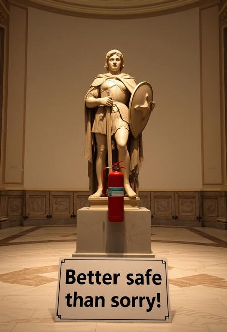 Create an image of a statue of Giovanna d’Arco (Joan of Arc) displayed in a museum setting. The statue should have a classic, realistic style, capturing the figure in her iconic armor, holding a sword and shield. The setting is an elegant, spacious museum with marble floors and soft lighting highlighting the statue. Near the base of the statue, there should be an extinguisher (extintor) subtly placed in the scene, offering a contrast between the historical figure and the modern, functional object. In the foreground, include a small panel with the text ‘Better safe than sorry!’ in a playful, modern font, emphasizing the juxtaposition of ancient history and modern safety. The atmosphere should evoke a sense of reverence for the past, but with an unexpected, almost humorous twist.