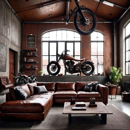 tall ceiling living room industrial design style, brown leather sofa, motorcycle on the wall,