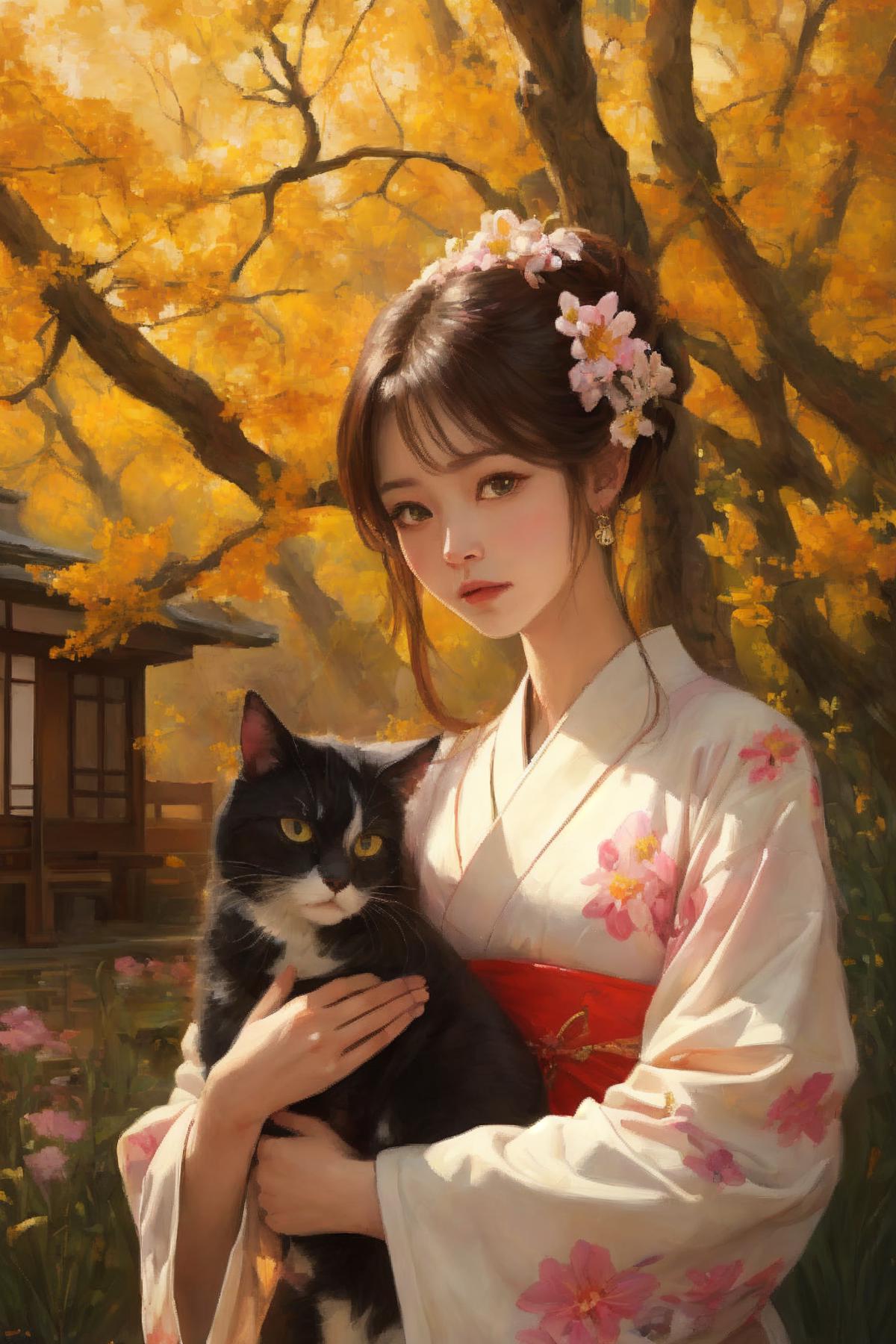 A woman in a kimono holding a cat in an Asian-inspired painting.
