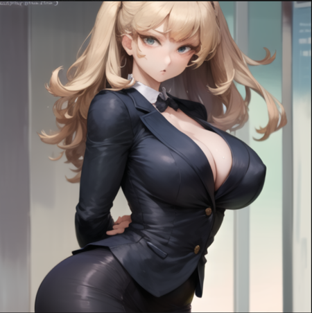 beautiful, masterpiece, best quality, extremely detailed face, perfect lighting, 1girl, solo, <lora:RobuttsV1:1>, asymmetrical bangs, bangs, black jacket, black skirt, blonde hair, blue shirt, blush, breasts,  formal, green eyes, jacket, large breasts, looking at viewer, mole, mole on breast, office lady, paper, pencil skirt, shirt, skirt, skirt suit, solo, suit, arms behind back