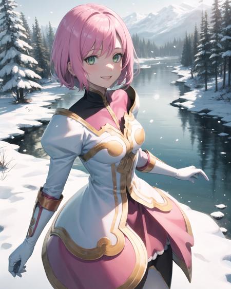 best quality, (masterpiece:1.2), illustration, absurdres,
(1girl, solo), (beautiful detailed girl),
<lora:Estellise-08:1>, Estellise Sidos Heurassein, pink hair, short hair, green eyes, small breasts,
white and pink dress, ornate dress, pink collar, pink skirt, white boots, white gloves, (black pantyhose, black legwear:1.1),
from above,
in snowy village, falling snow, particles, crisp winter morning, breathing out steam, snowy pine trees and frozen river,,
smile, looking at viewer,