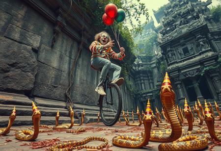 high quality, detailed, beautiful, masterpiece, correct anatomy, anatomically correct, detailed, realistic, masterpiece, complex shadows, intricate details, high quality, hi res, best quality, a clown is riding a unicycle, the unicycle the clown is riding has lama balloons tied to it, there are thumbtacks on the ground, there are many cobra snakes on the ground, the cobra snakes are wearing party hats, the clown is trying to avoid the thumbtacks, the clown is making balloon animals, the clown is nervous, scared, sweating heavily, low angle, looking up, view from bellow, jungle, temple, granite wall, vines, vivid colours,