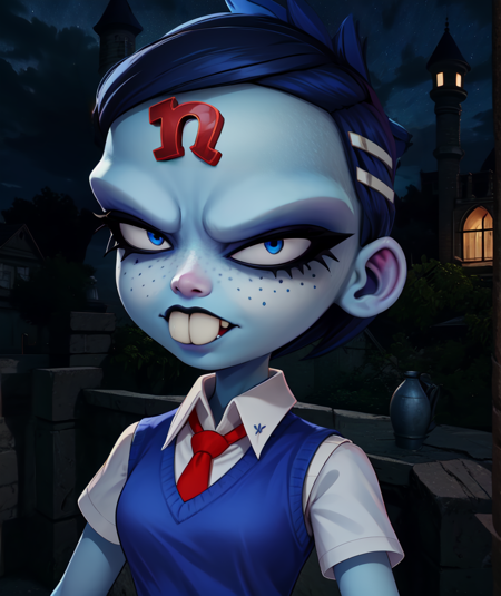 Nina,blue eyes,forehead jewel,blue skin,buck teeth,short blue hair,hairclip,
sweater vest,red tie,white collared shirt,short sleeves,skirt,
standing upper body,
night,evil castle,
(insanely detailed, beautiful detailed face, masterpiece, best quality)solo,<lora:NinaCortexNF:0.8>,