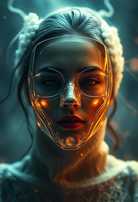 Surrealistic scene of woman with glass face shaped mask covering her entire face, magical, mystic, glowing, high quality, rich details, high sharpness, highly detailed, High Definition, Realistic, 8k, Sharp Focus, intricate details, dynamic angle, warm hues, realistic, photorealism, hd, 8k, high definition, score_9, score_8_up, score_7_up, score_6_up