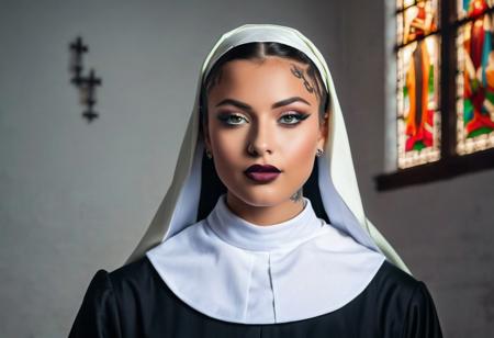 (RAW photo, subject, 8k uhd, dslr, soft lighting, high quality, film grain, Fujifilm XT3, masterpiece, best quality, extremely detailed photograph, volumatic light, ray tracing,, extremely detailed 8k wallpaper),   abstract fashion portrait of (two sexy nuns :2.0) and a pastor, (a cute  24yo german woman and a beautiful  23yo african girl, very long (light:2.0) white or brown or black skin, dressed as sexy nuns, dressed in latex, clear blue or green or black eyes, short or long light blond or very  long black  straigt or wavey or curly hair with undercut hairstyle, chin bangs, dread hairstyle, braid hairstyle, very (big:1.8) or very (big:2.0) , perky tits, perfect hourglass figure, delicate face and eyes, (glasses:0.8), (glossy:1.6) (pink or red or dark red or orange or blue or black or green or rainbow lips), painted nails, navel piercing, nose piercing, (tattoos:2.0), sexy pose), in church, colorful spot light, unreal colors, look at viewer, smile, kiss,