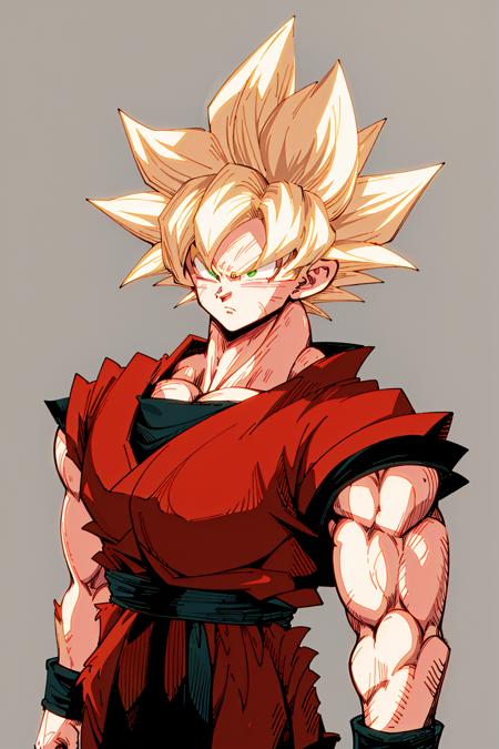 SonGoku Son Goku, 1boy, black hair, solo, dougi, wristband, black eyes, spiked hair,muscular, collarbone, clothes writing,shirt,  Son Goku, 1boy, male focus, solo, super saiyan, spiked hair, blonde hair, super saiyan 1, Green eyes,