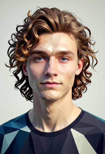 man made of polygon, hair made of polygon, clothes made of polygon, Polygonal shapes, geometric designs, three-dimensional models, ((low poly)), minimalism, straight on view, a young Norwegian man, fashion model, long curly (hairstyle), slight smile with softened eyes and a tilted head, Close-Up Shot, (((polygon)))