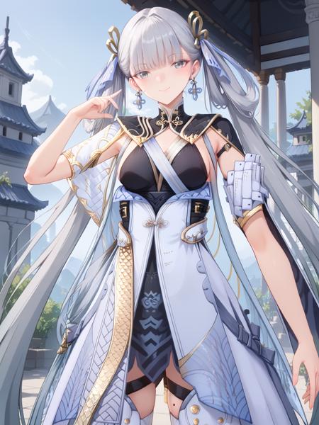 ((jinshi:1.3)), 1girl, jewelry, dress, long hair, twintails, mole on thigh, earrings, ribbon, hair ribbon, mole under eye, grey eyes, thighhighs, hair ornament, grey hair, blunt bangs, belt, (thigh straps:1), 