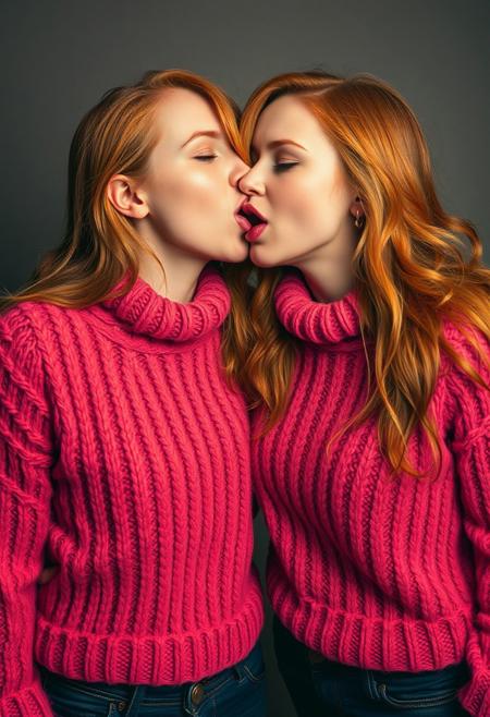 Slutty ginger twin women wearing tight and skimpy fuzzy sweaters, tongue kiss sloppily, Canon R7, subsurface scattering, DSLR,