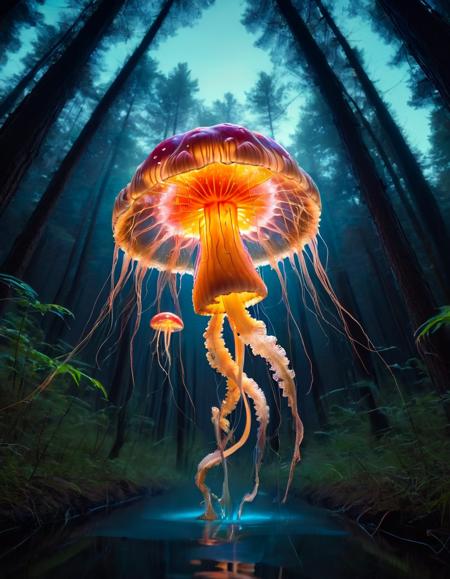 colorful slimey glowing jellyfish mushroom, nature, forest, outdoors, tree, walking, water, at night, bright sky <lora:ral-elctryzt:1> ral-elctryzt