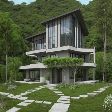 a single house on a hill, the house is entirely made of an element from the Periodic Table, high detail, hdr, elemental garden, complex house design