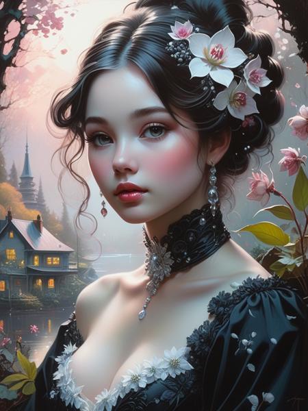 <lora:SS02ImpressionisticPainting_Hap_XL:1>,Thomas Kinkade style,  fleeting, ethereal, alluring, sparkling, artistic, mysterious, delicate, complex, black-and-white, twisted, by Graham Sutherland, Dan Mumford, Massimo Vitali, Hikari Shimoda, Xanti Schawinsky,