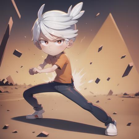 ((masterpiece, best quality)),(complex light),solo, solo focus, full body,1boy,lincoln loud, blue pants, <lora:LincolnLoud1-10:0.9>,simple background,brown eyes, white hair,smooth hair cut , fighting stance, red eyes, destroyed debris background, floating particles