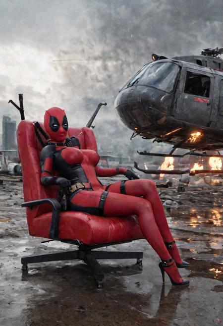 hyperrealistic art (((busty girl deadpool sit on red chair in front of burning helicopter, chaos))), ((reflections, exploding buildings, storm, wet)), slim body, (huge breasts), (breasts bursting out of costume), (full mask, full costume with cleavage cut away), extremely high-resolution details, photographic, realism pushed to extreme, fine texture, incredibly lifelike, huge tits