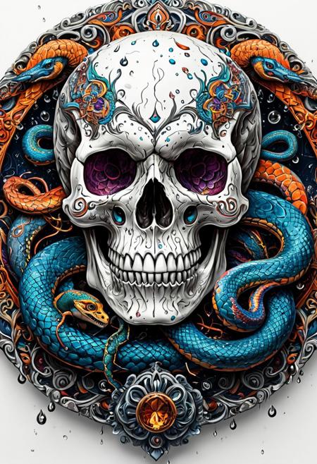 Finely detailed vector illustration, skull and snakes, ultra realistic quality, circle symbol, white background, hyperdetailed, intricately detailed,  triadic colors,fantastical,intricate detail,splash screen,complementary colors, fantasy concept art, 8k resolution, masterpiece, colored droplets on porcelain