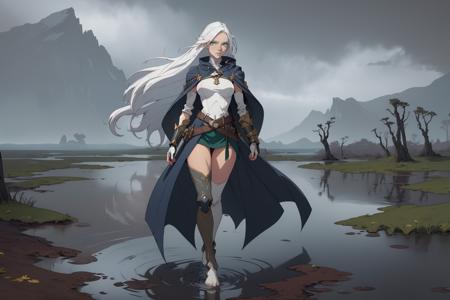 1girl, white hair, green eyes, BREAK, long hair, white top, fingerless gloves, open coat, blue coat, waist cape, golden paterns, dark fantasy, dirty body, leg belt, toeless legwear, asymmetrical clothes, submerged feet, swamp, mud, wetland, bog, full body, [walking:all fours:10], dynamic pose, scenery,