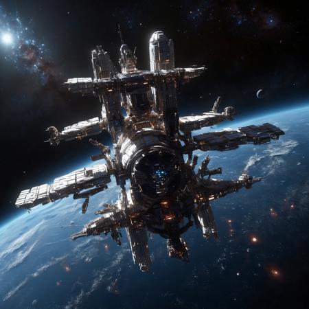 Design a breathtaking scene set in the vastness of space, where a futuristic spaceship is gracefully docking with a massive space station. Imagine this spacecraft as a marvel of human engineering, with sleek lines, glowing accents, and an array of advanced technologies on display. The space station, a towering structure with intricate details and multiple docking ports, serves as a bustling hub of interstellar activity.

As the spaceship aligns perfectly with the docking bay, highlight the intricate dance of mechanical arms and magnetic locks securing the two structures together. Add a dramatic touch with a vibrant nebula glowing in the background, its vivid colors contrasting the dark void of space. Enhance the sense of depth and movement with stars streaking across the scene, creating a captivating starfield.

Include subtle lighting effects to showcase the reflective surfaces of the spaceship and space station, emphasizing their metallic sheen. Perhaps add a few smaller vessels or spacewalkers nearby, providing a sense of scale and additional visual interest. The overall composition should evoke a sense of wonder, showcasing the beauty and excitement of space exploration and the potential of human ingenuity in the future.
