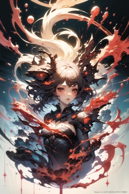 masterpiece, best quality, dreamwave, aesthetic, 1girl, splash art, abstract, red theme