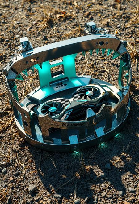 JNANX,luminous white silhouette,cyan glow,emerald highlights,flickering outline,dreamlike movement,
"A visually striking digital artwork depicting a high-end NVIDIA RTX 4080 graphics card caught firmly within the jaws of a large, metallic bear trap. The trap is realistically rendered, showcasing its sharp, interlocking teeth and the sturdy metal base and levers. The graphics card, positioned centrally within the trap, displays its sleek design, including visible fans and branding details such as 'RTX 3080'. The scene is set outdoors on a textured ground that resembles dry grass and scattered pebbles, suggesting a natural environment juxtaposed with the manufactured object and trapping device. The lighting in the image is natural and casts subtle shadows, highlighting the three-dimensional form of both the trap and the graphics card. The overall mood of the artwork is one of irony and perhaps a commentary on the difficulty or 'trap-like' nature of acquiring such coveted hardware. The perspective is a slightly elevated angle, allowing for a clear view of the entire composition, emphasizing the vulnerability of the technology within the harsh mechanical grip of the trap. The color palette is predominantly muted grays and blacks for the trap and the surrounding ground, contrasting slightly with the silver and black of the graphics card.