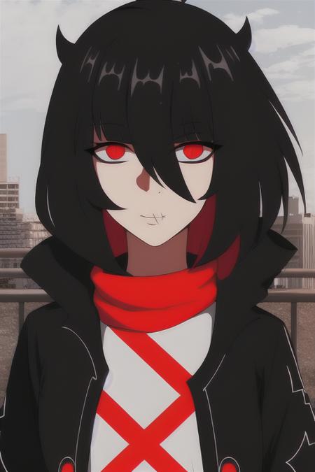 1girl, red eyes, black hair, black jacket, red scarf, hood