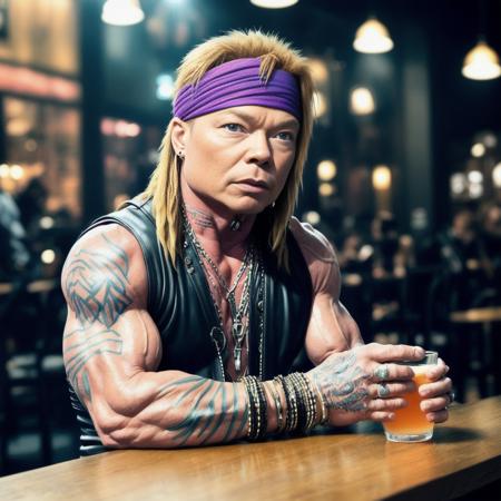 a fantastic photo of gavidp, a man with a purple headband in a black tanktop and a leather glove and bracelets and a necklace sitting at a table resting his chin on his hand with a drink in front of him and a cafe in the background