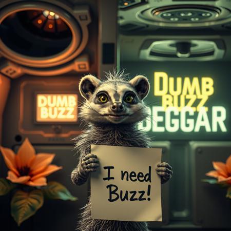 masterpiece, intricate photo, realistic outer space alien animal grinch badger holding a white sign on which is written "I need Buzz!", background interior of a spcecraft, giant alien flowers at the walls, in the background is written in neon letters "Dumb Buzz Beggar", hyper realistic, highly detailed, sharp focus, crepuscular lights in the background, dawn of technology, dark art, gothic art, cyberpunk style, best quality, high resolution, colorful, vibrant colors, cozy indoor lighting, 8K, easypositive, highy quality image, no wrong proportions