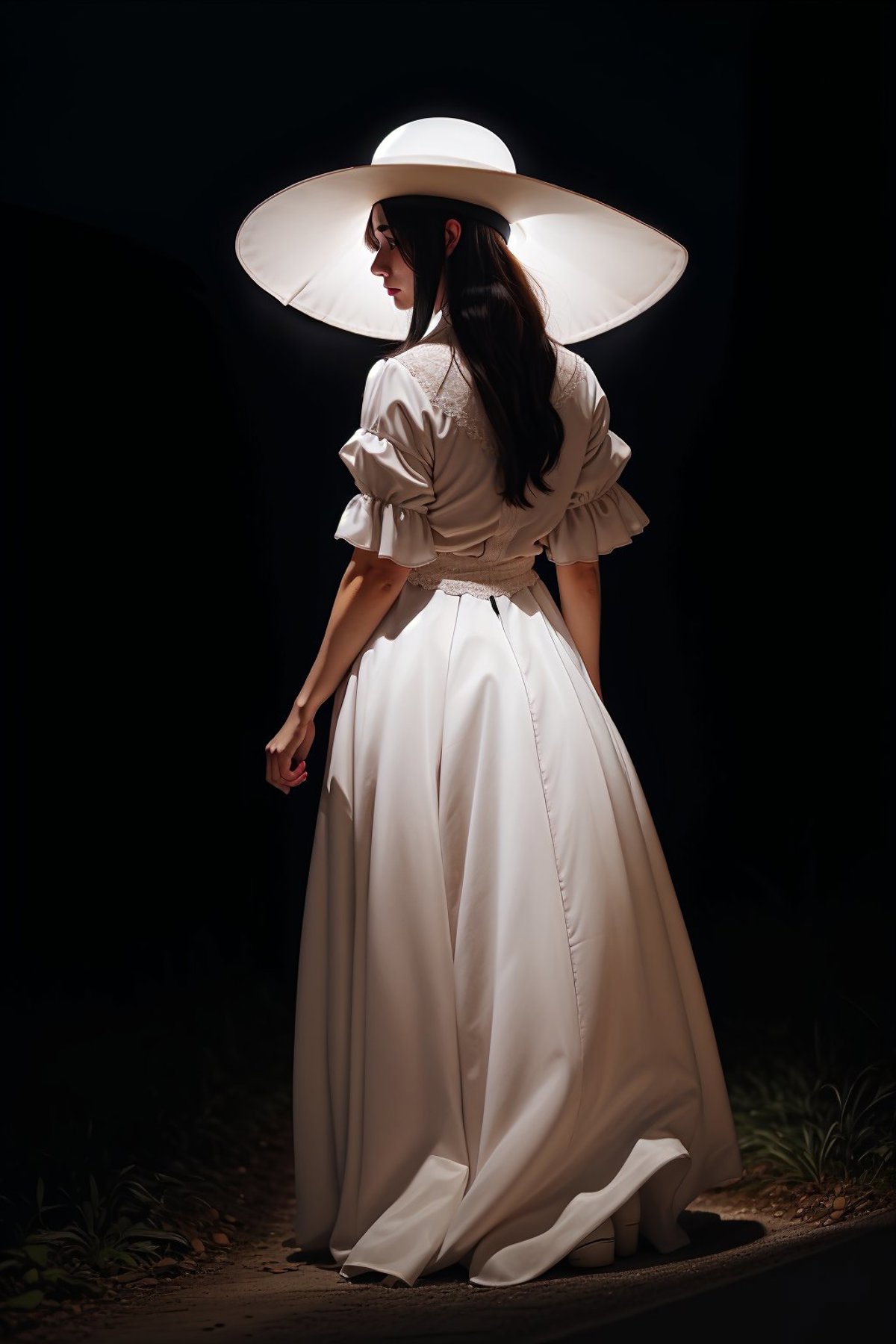A young lady wearing a white dress standing in the dark with her back turned.