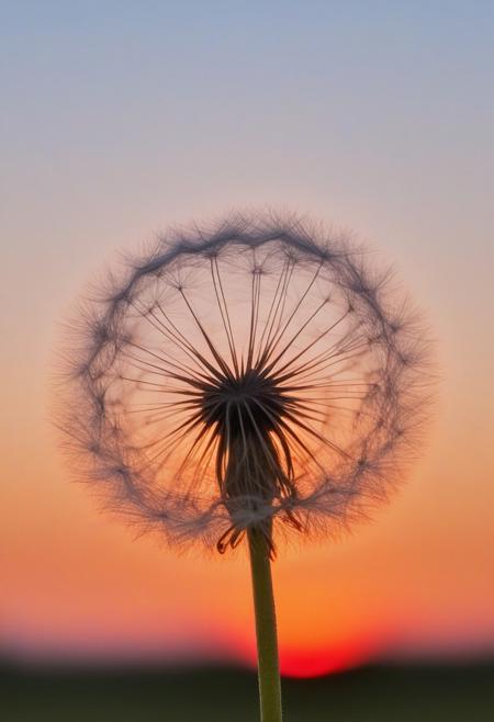 a little red heart in a dandelion seed, lit by the sunset sky background in the color of the sunset