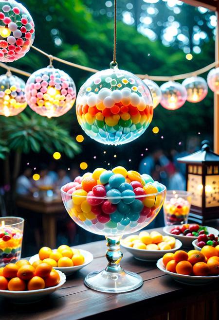Lively summer festival and wind chimes
Prompt:
Summer Dessert (Shaved Ice)
[Rainbow Candy Products]
Core Features:
*Transparent*
*Low-saturation transparent color system*, uniform size, mixed round liquid,
Three exquisitely shaped teardrop-shaped heads placed in a transparent glass bowl,
Transparent, round, moist, light, randomly dotted (sakura petals, fruit cubes),
Soft (color: transparent starlight gradient galaxy),
Dotted with glitter and silver onions,
Randomly inlaid (sakura, roses, stars, oranges, mint leaves, lemons)
A vibrant summer festival night scene. Strings of colorful paper lanterns cast a warm glow over bustling crowds enjoying the festivities. In the background, the gentle tinkling of numerous wind chimes (furin) creates a light and airy summer sound. A brightly lit stall with a banner reading "Cooling Water Mochi" displays the transparent bowl of desserts prominently on a decorated counter, surrounded by small fans and other festive trinkets.
Style Keywords:
Transparent, crystal, flowing, fresh, energetic, festive, lively, commercial, summer, delicious, wind chimes, lanterns, bustling.