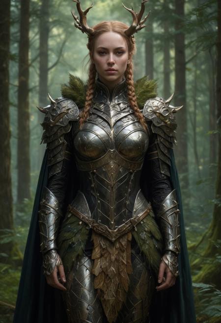 Symmetrical Front view of the warrior Queen of the forest, dark, armour, standing pose, extremely long cape, top light, low saturation, highly detailed,  masterful painting in the style of Anders Zorn | Marco Mazzoni | Yuri Ivanovich, Jeff Simpson, oil on canvas