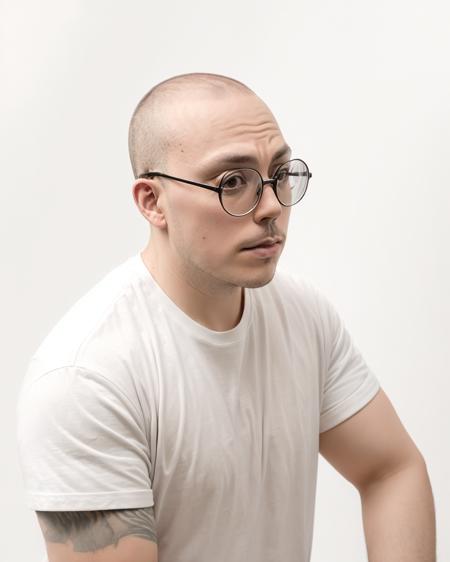 portrait of man (anthony fantano:1.1), profile, (full body:0.6), (white background:1.4), (high-key lighting, flat bright studio lighting:1.5), no shadows, ultra detailed, sharp focus, high resolution, \(plain white t-shirt\), hdr, <lora:diffusiondudes_AnthonyFantano_V1-12:0.8>