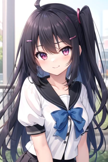 Oomi Sora ahoge,very long hair,black hair,one side up,side ponytail,hair ornament,hairclip,sidelocks,hair between eyes,bangs,pink eyes collarbone,school uniform,black sailor collar,white shirt,blue bowtie,medium breasts,skindentation,puffy short sleeves,miniskirt,black skirt,pleated skirt,white thighhighs,zettai ryouiki,loafers