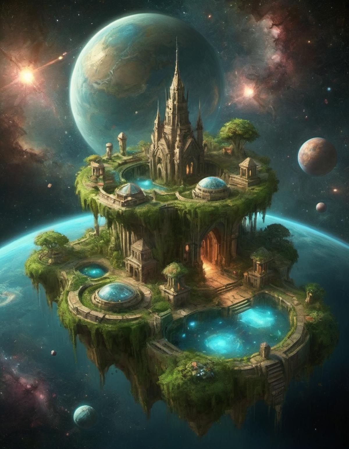 A Dreamy Artistic Rendering of a Castle with a Moat and Planets in the Background