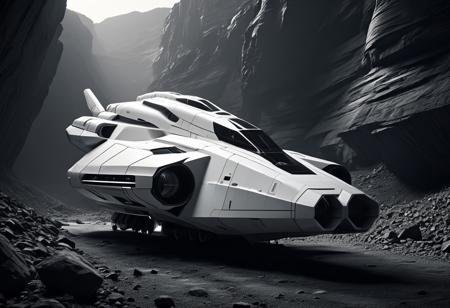A huge spaceship, white, oblong, tapered front, flat sides, smooth surfaces, white lights, sleek, imposing, menacing, landed in a ravine, desolate, rocky scenery, monochrome background, view from side, ultra realistic, hyper detailed, sci-fy, cinematic lighting, highlights, suspenseful atmosphere, gritty atmosphere, RAW, (realistic photo, best quality, detailed), (8k wallpaper), (cinematic lighting, dramatic lighting), (sharp focus, intricate)