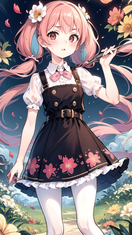 (masterpiece, high quality, highres,illustration),blurry background,cowboy shot, spring \(season\),(no light:1.1),(temptation:1.2),elegance, (1loli:1.1),(very long hair:1.1),(blush:0.7),floating hair,ahoge,deep sky,star \(sky\), (summer (Floral:1.2) dress:1.1),outline,(see-through:0.85),shining,low twintails, (polychromatic peony:1.15),Movie poster,(colorful:1.1),ornament,petals,(pantyhose:1.1), ribbon,Colorful hair, blue hair, pink hair.