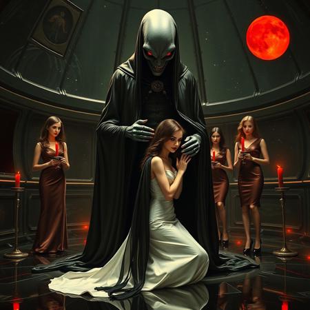 high-society elegant slender norvegian rich innocent young bride kneeling  from behind. She is ensnared by a towering, gray human-like alien, draped in a long, glossy black slime cloak, its eyes gleaming red with an otherworldly intensity.   its hands fastens steel slave collar  on her. Surrounded by strict ladies wearing  glossy satin dominatrix attire and glossy high heels,  holding red candles.   weird wet-look black slime  walls and floor, colossus observation blister to outer space full of stars, bright red moon, vintage-inspired makeup, long hairs, ultra thin waist, evil grin, porcelain skin, lipstick, red nails, in the style of a haunting, retro-futuristic 1950s sci-fi nightmare, horror, alien space base,,