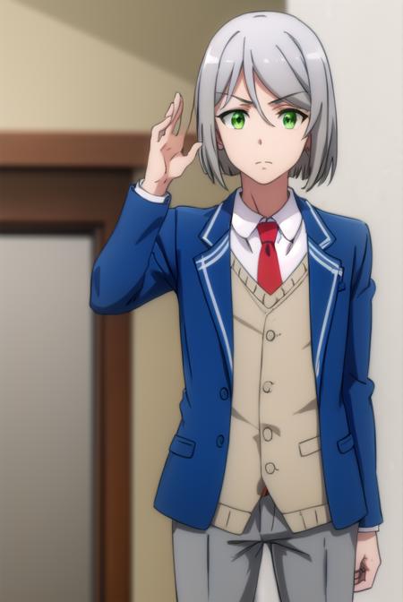 broodlevkaiser, <lora:brood lev kaiser s2-lora-nochekaiser:1>,
brood lev kaiser, (green eyes:1.3), grey hair, male focus,
BREAK school uniform, jacket, necktie, pants, formal, suit, blue jacket, red necktie,
BREAK indoors, classroom,
BREAK looking at viewer,
BREAK <lyco:GoodHands-beta2:1>, (masterpiece:1.2), best quality, high resolution, unity 8k wallpaper, (illustration:0.8), (beautiful detailed eyes:1.6), extremely detailed face, perfect lighting, extremely detailed CG, (perfect hands, perfect anatomy),