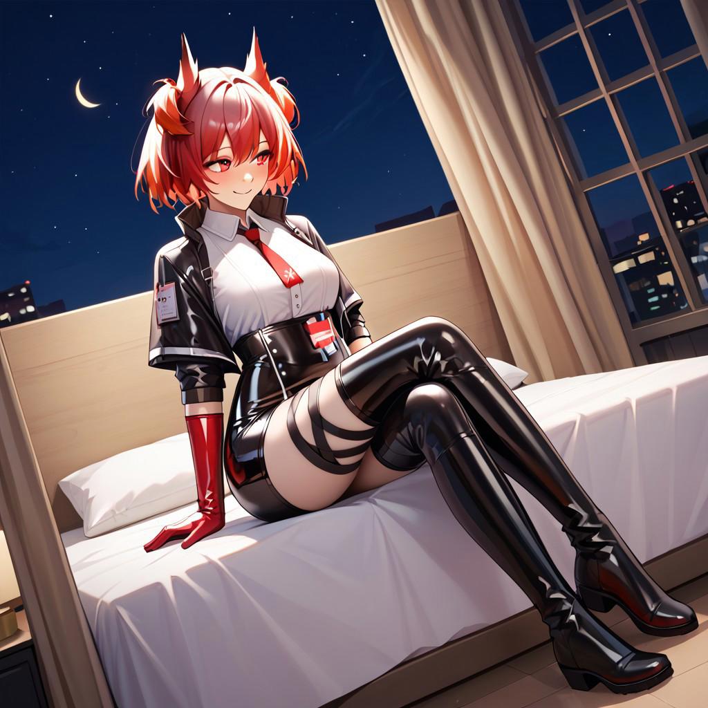 masterpiece, best quality, score_9, score_8_up, score_7_up, full body, 1 girl, looking away, cowboy shot, dutch angle, sitting, bed, night, smiling, blushing madly, fiammetta, short hair, red hair, animal ears, red eyes, latex jacket, latex shirt, latex skirt, high-waist latex skirt, pheonix latex skirt, knee latex boots, necktie, id card, latex gloves, thigh strap, flat boots