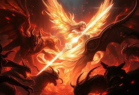 Seraphine,ethereal and radiant,wielding a celestial blade of shimmering light,battles ferocious demons in a fiery abyss. Dynamic,dramatic lighting. Art by Greg Rutkowski,Alphonse Mucha. Concept art. Trending on ArtStation. 8k resolution. Extremely detailed.,