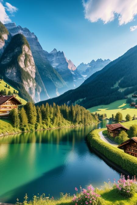 swiss  landscape, (masterpiece), (portrait), (raw photo), (extremely detailed CG unity 8k wallpaper) Intricate, Sharp focus, dramatic, photorealistic  art