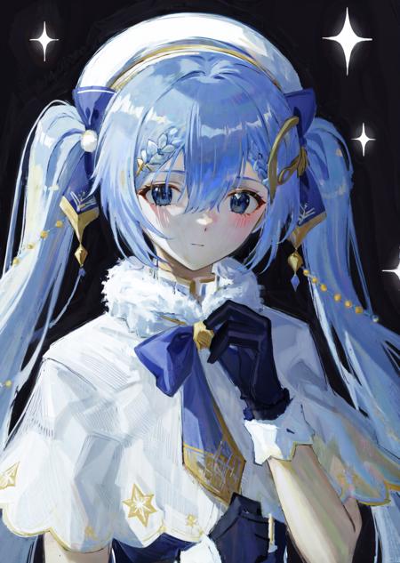 mksks style, masterpiece, best quality, sidelighting, highres,  <lora:yuki_miku_2021-10:1>, 2021, 
yuki miku (2021), 1girl, blue gloves, book, white headwear, blue hair, twintails, musical note hair ornament, gloves, beret, hat, bow, solo, blue eyes, long hair, musical note, capelet, white capelet, braid, light blue hair, snowflake print, blue bow, hair ornament, braided bangs, looking at viewer, hair bow, upper body, white dress, fur trim, fur-trimmed capelet, treble clef, white background, gold trim, dress, very long hair, bowtie, tabard, lily of the valley,