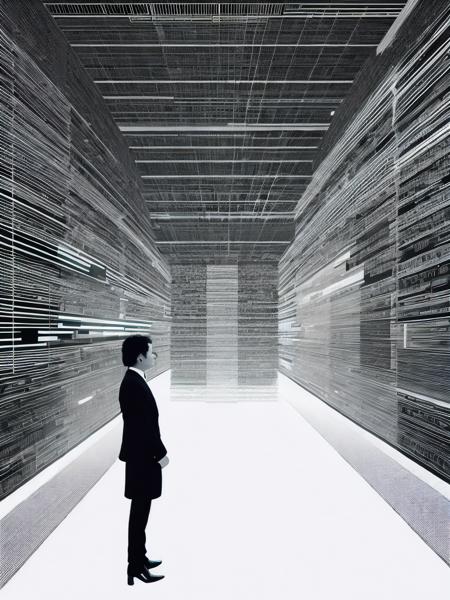 <lora:RyojiIkeda:1>a black and white photo of a person standing in front of a large amount of data by Ryoji Ikeda