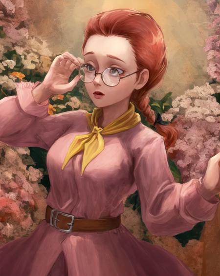 (glasses:1.1), jimhawkins, 1girl, breasts, solo, red hair, best quality, belt,  flowers, detailed, yellow neckerchief, braid
 <lora:jimhawkins-step00017500:0.8> ,