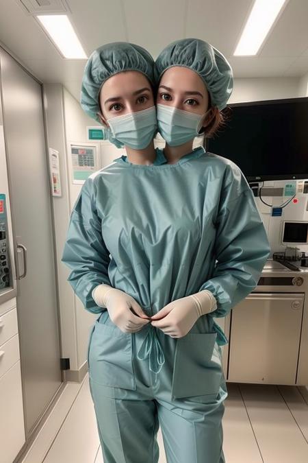 Realistic full body photo of a beautiful 4nn4k-v1 woman, 2girls, two headed, conjoined, conjoined dicephalus, scrubs, tight fit scrubs, light green scrubs, she is a doctor, long pants, long sleeves, blood on clothes, wearing a surgical mask, surgery cap, gloves, full body, solo, caucasian, bald, no hair, smiling, realistic, soft, professional Photography, in surgery, well lit photo, Photorealistic, detailed, RAW, analog, sharp focus, 8k, HD, DSLR, high quality, Fujifilm XT3,  award winning, masterpiece<lora:4nn4k-v1:1.0> <lora:4nn4k-v1:1.0><lora:4nn4k-v1:1.0>